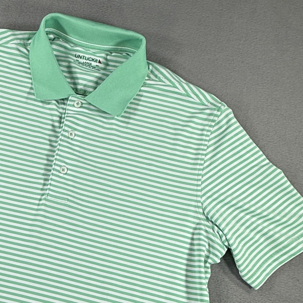 Untuckit Polo Shirt Men's Large Green White Striped Golf Short Sleeve Stretch